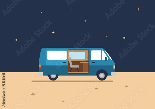 A vintage blue van works peacefully under a starry desert sky. A laptop and chair suggest remote work and a tranquil lifestyle.  Modern, flat design.