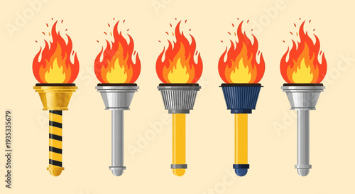 Collection of Olympic torches in various designs and colors.