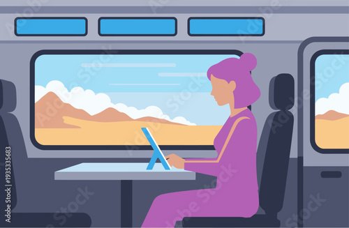 A woman works on a tablet inside a train van, gazing out at a desert landscape. Modern, professional, and focused. Ideal for remote work visuals.