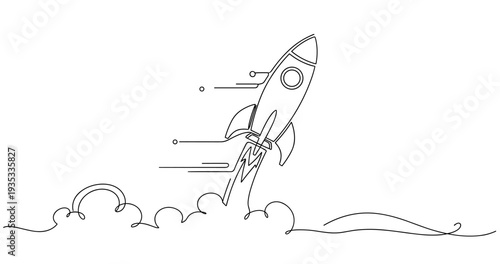 Continuous line drawing of rocket launching into space with clouds and stars. None editable stroke