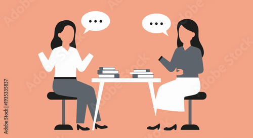 Two women discussing over a table with books and speech bubbles.