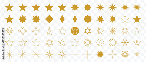 Golden Star and Sunburst Vector Set. Shiny Celestial Icons for Holiday, Awards, and Design Elements