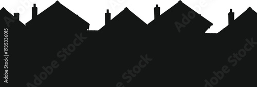 Black silhouettes of house rooftops with chimneys in a row, residential neighborhood housing development icons for real estate vector illustration