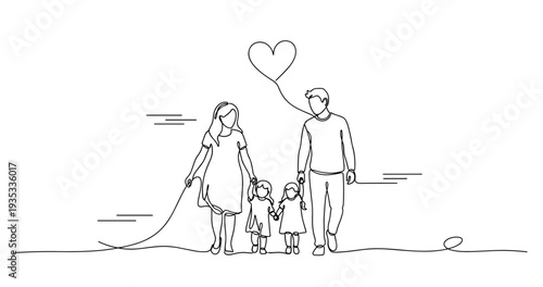 Continuous line drawing of caucasian family with two children and heart connection. None editable stroke