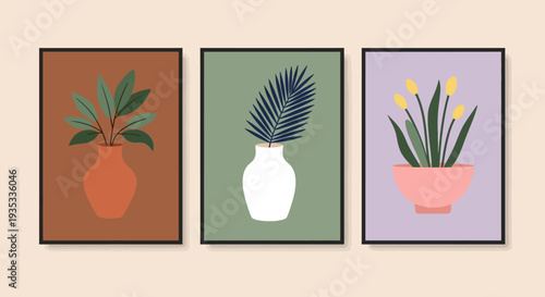 Three framed posters with different potted plants and flowers.