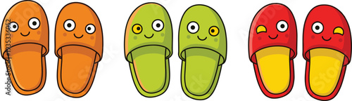 Cute colorful cartoon slippers with smiling faces set, cozy home footwear illustration isolated on white background design