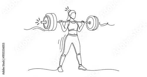Female weightlifter lifting barbell line art - fitness and strength training. None editable stroke