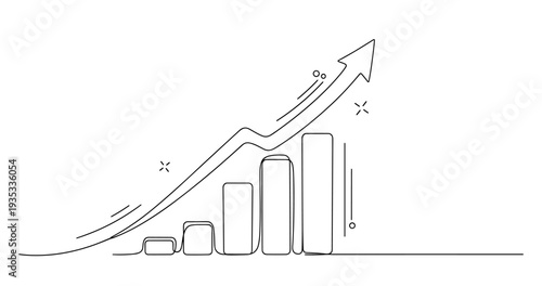 Minimalist line art of rising graph with upward arrow and bars. None editable stroke