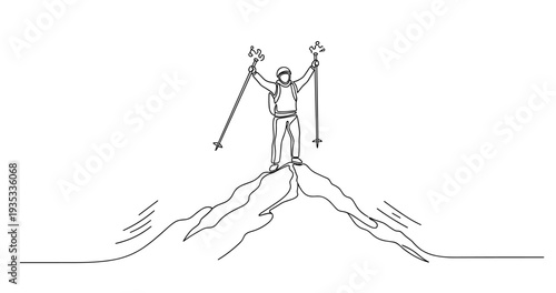 Triumphant male skier at mountain peak with ski poles raised. None editable stroke