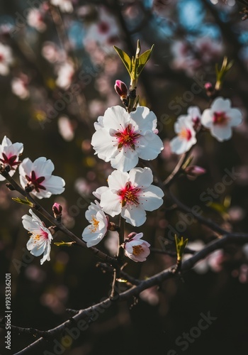 Beautiful delicate white and pink blossoms cover almond tree branches during the early bloom phase of spring, illuminated by soft natural light ,cultivation ,nature ,clear