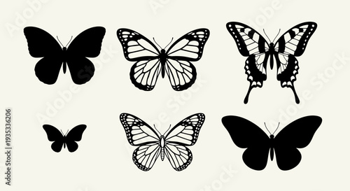 Collection of Black Silhouette Butterflies with Various Wing Patterns.