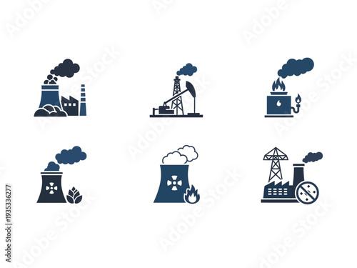 Illustration of collection of industrial and transportation icons emitting pollution and smoke in blue color