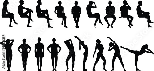Black silhouettes set of people sitting and doing fitness exercises, men and women in various poses for healthy lifestyle vector
