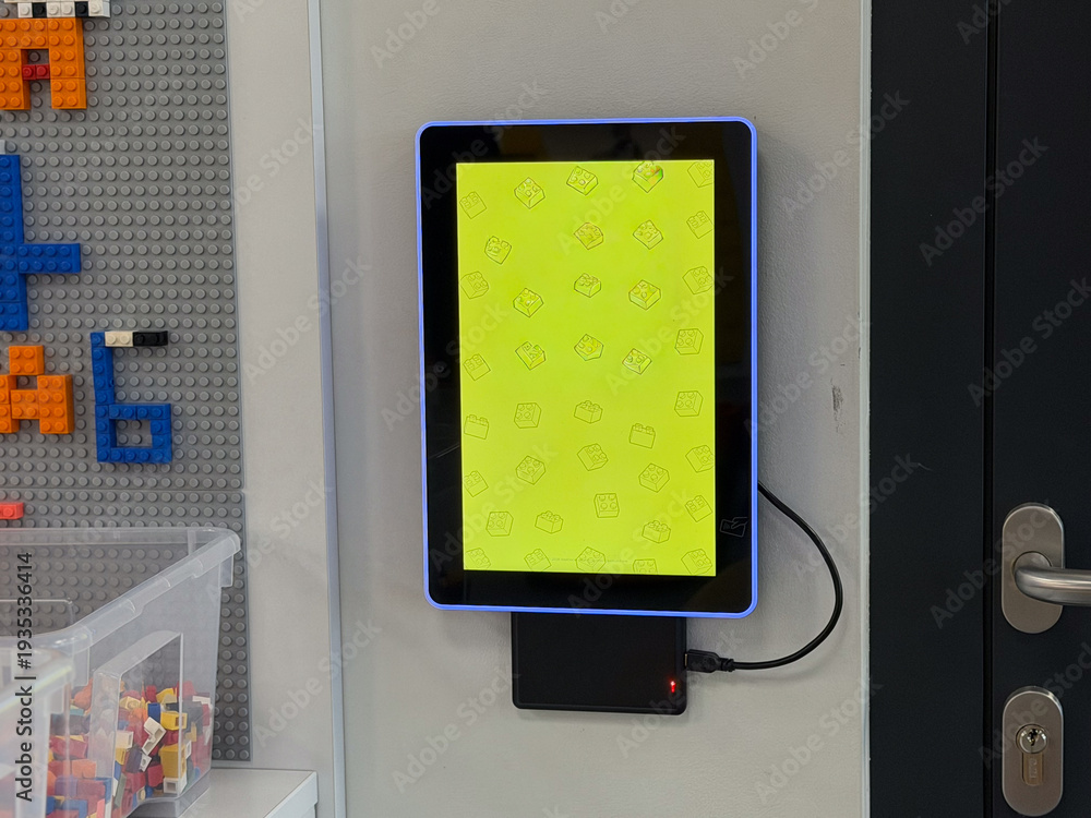 Fototapeta premium Wall-mounted tablet kiosk with yellow display