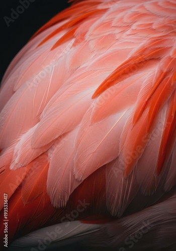 Close up texture shot of genuine flamingo feathers displaying the vibrant pink, soft white, and deep black coloration, rich detail ,abstract ,ornate ,macro