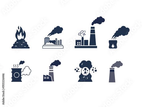 Illustration of collection of industrial pollution icons in dark blue