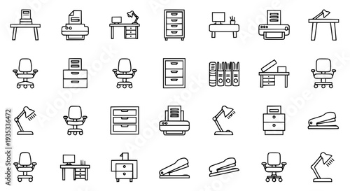 Minimal Line Office Icons – Desks, Chairs, Printers, Filing Cabinets Vector Set