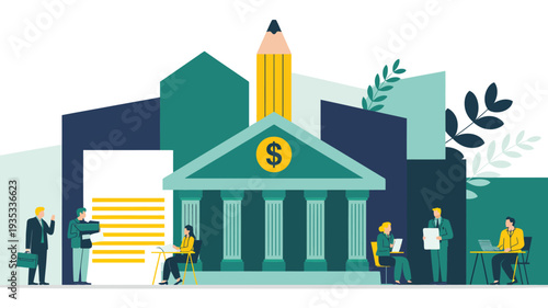 banking finance education concept with bank building coins books and pencil money savings investment learning flat vector illustration