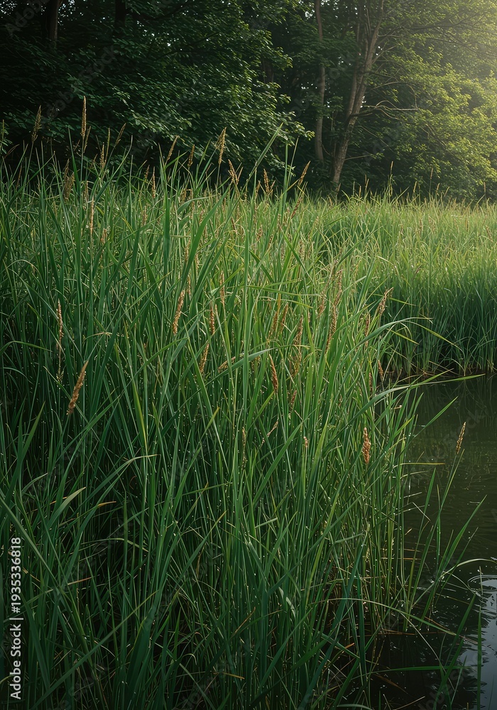 Obraz premium Dense grouping of tall, slender canes growing vigorously along the tranquil bank of a wild, natural pond environment ,lakeside ,wilderness ,nature