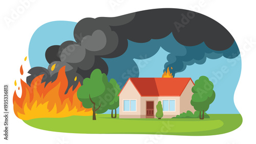 wildfire disaster near residential house burning forest with smoke environmental danger climate change emergency flat vector illustration