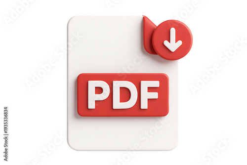White paper document with red pdf text and download arrow 3d render icon isolated on a transparent background