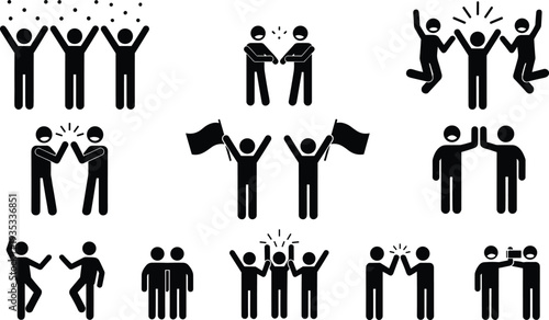 Black stick figure icons set for teamwork and celebration, people jumping for joy, high five success, and winning achievement symbols