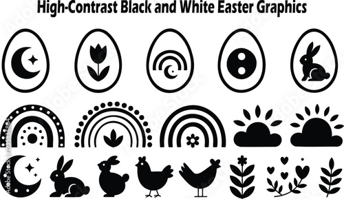 High contrast black and white icons for Easter featuring eggs bunnies chicks and nature elements