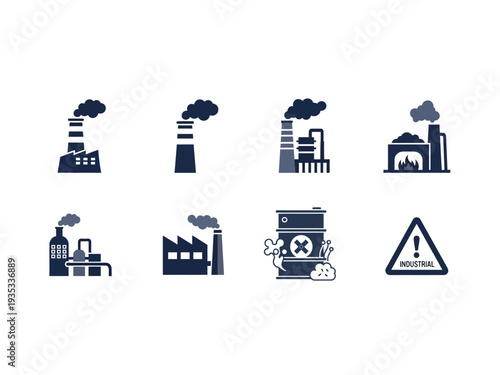 Illustration of collection of industrial pollution and air quality icons in blue