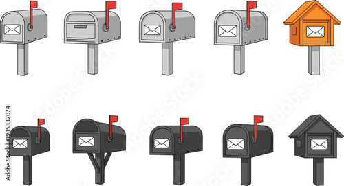 Mailbox set collection with classic metal and wooden mailboxes, postal service delivery illustration isolated on white background design