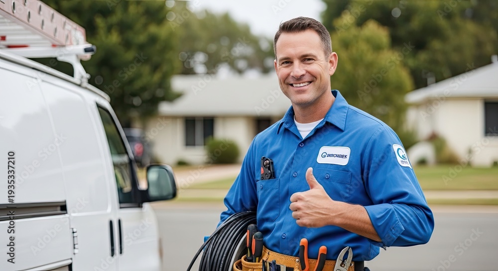 Fototapeta premium A smiling electrician stands proudly beside his white van. He is wearing a blue work uniform with the HPCANDER logo.