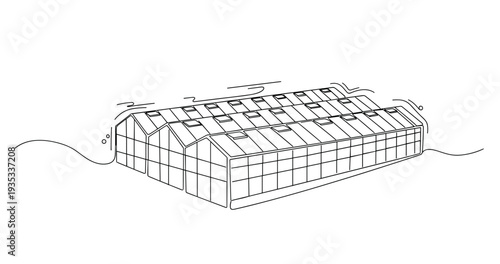 Greenhouse structure with solar panels on roof in landscape. No editable stroke