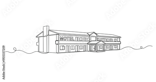 Low rise motel building in simple line art landscape. No editable stroke