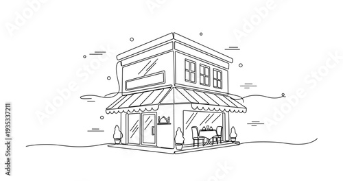 Corner cafe storefront open with outdoor seating on sidewalk. No editable stroke