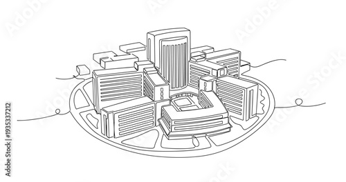 Miniature city model arranged on circular platform illustration. No editable stroke