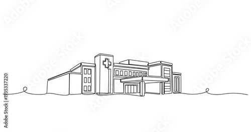 Hospital complex showing emergency entrance and main facade. No editable stroke