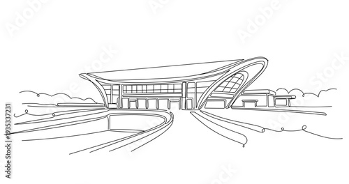 Modern terminal building with curved roof at plaza line drawing. No editable stroke