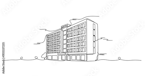 Hostel mid rise building viewed on urban street frontage. No editable stroke