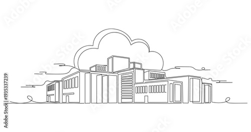 Modern campus complex in continuous line with cloud. No editable stroke