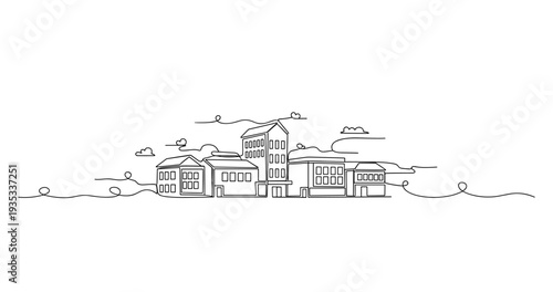 Row of buildings clustered in continuous line art townscape. No editable stroke