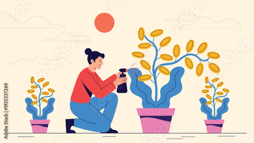 woman caring for houseplants gardening at home concept indoor plant care hobby lifestyle flat vector illustration
