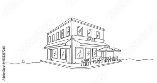 Corner café with outdoor seating on sidewalk patio setting. No editable stroke