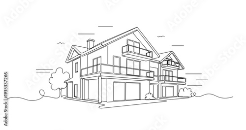 Two story house with balconies standing in open landscape. No editable stroke