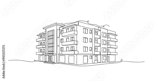 Apartment building viewed from corner in white background. No editable stroke