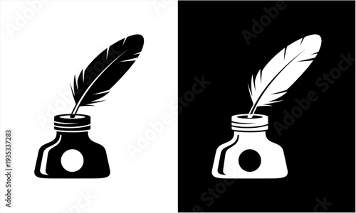 Quill pen and inkwell black and white vector illustration.