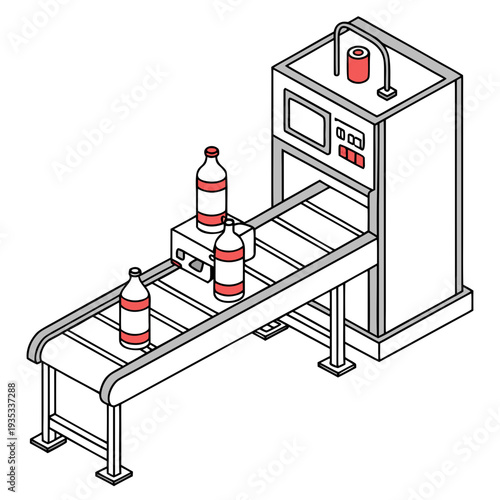 Plastic bottle inspection system on conveyor belt with robotic detection and quality control under sensor light in minimal flat design style. Ai generative See Less