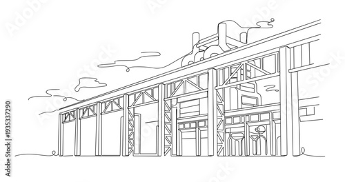 Industrial warehouse structure viewed from low angle line drawing. No editable stroke
