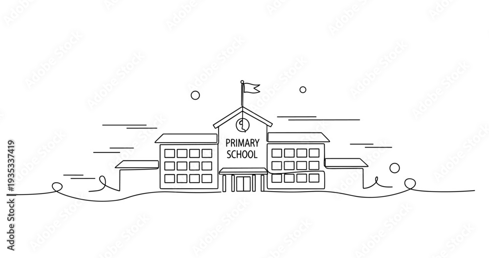 Obraz premium Primary school building facade with flag and entrance. No editable stroke