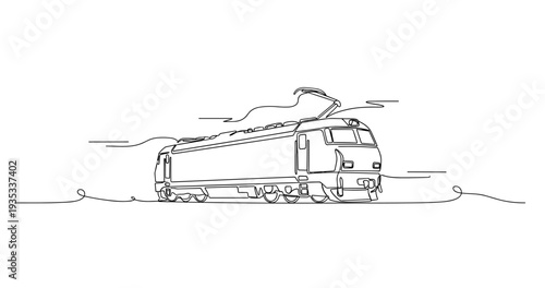 Electric locomotive on tracks in continuous line drawing. No editable stroke