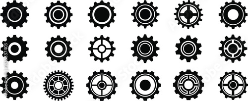 Collection of 16 black gear icons on white background