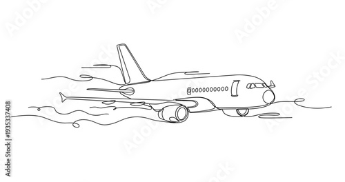 Commercial airplane taxiing on runway in continuous line sketch. No editable stroke
